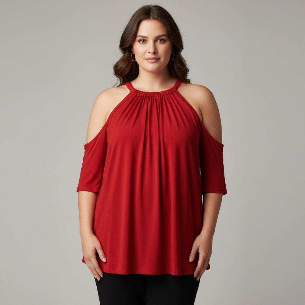 NWT CATO Starlight Express Cold Shoulder Blouse Keyhole Rich Red Plus Sz 22/24W